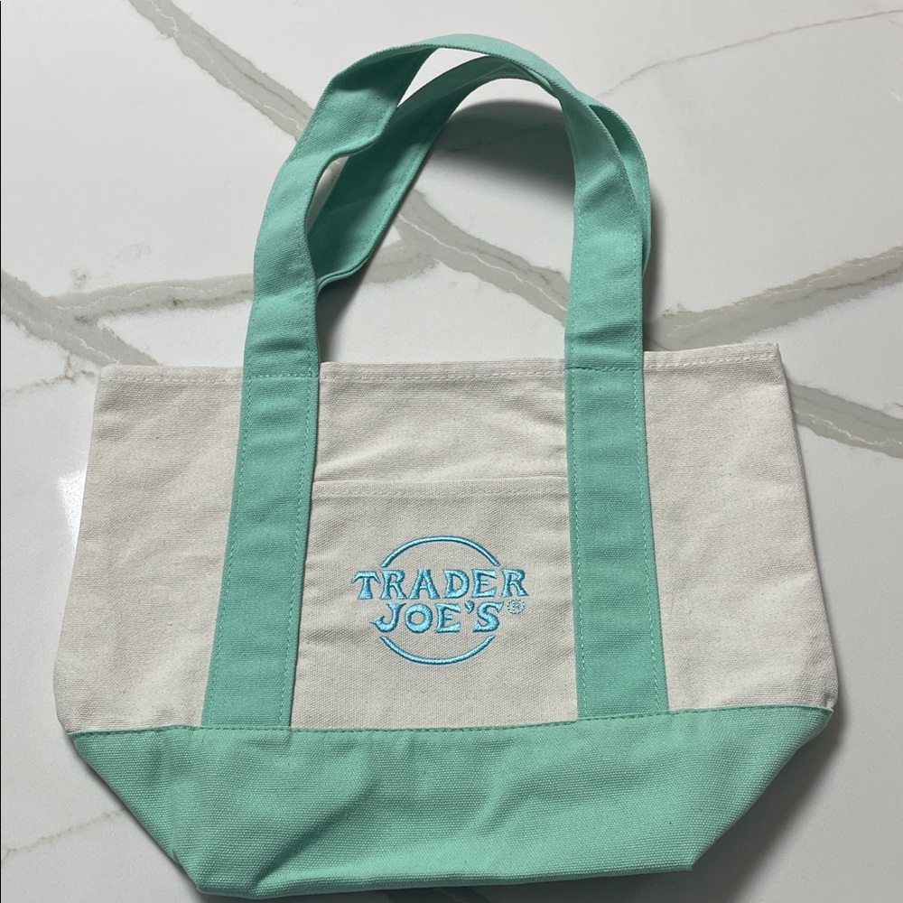 Trader Joe's Aqua and White Canvas Tote Bag